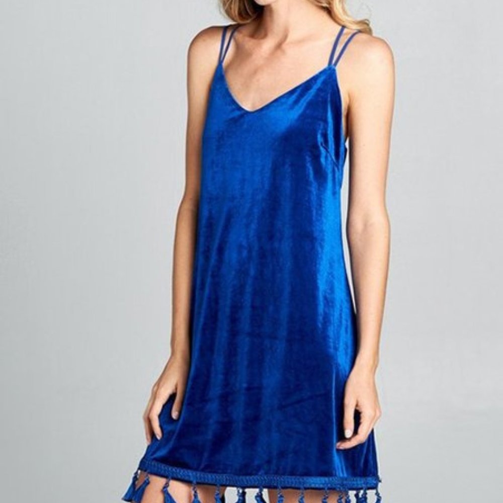 Velzera Dress Royal Blue Large Velvet Fringe-Hem Sleeveless